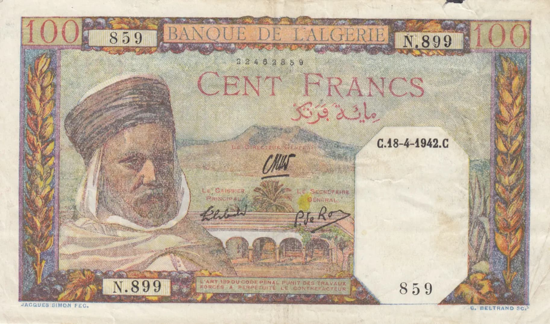 100 francs 1942 from Algeria, P-85