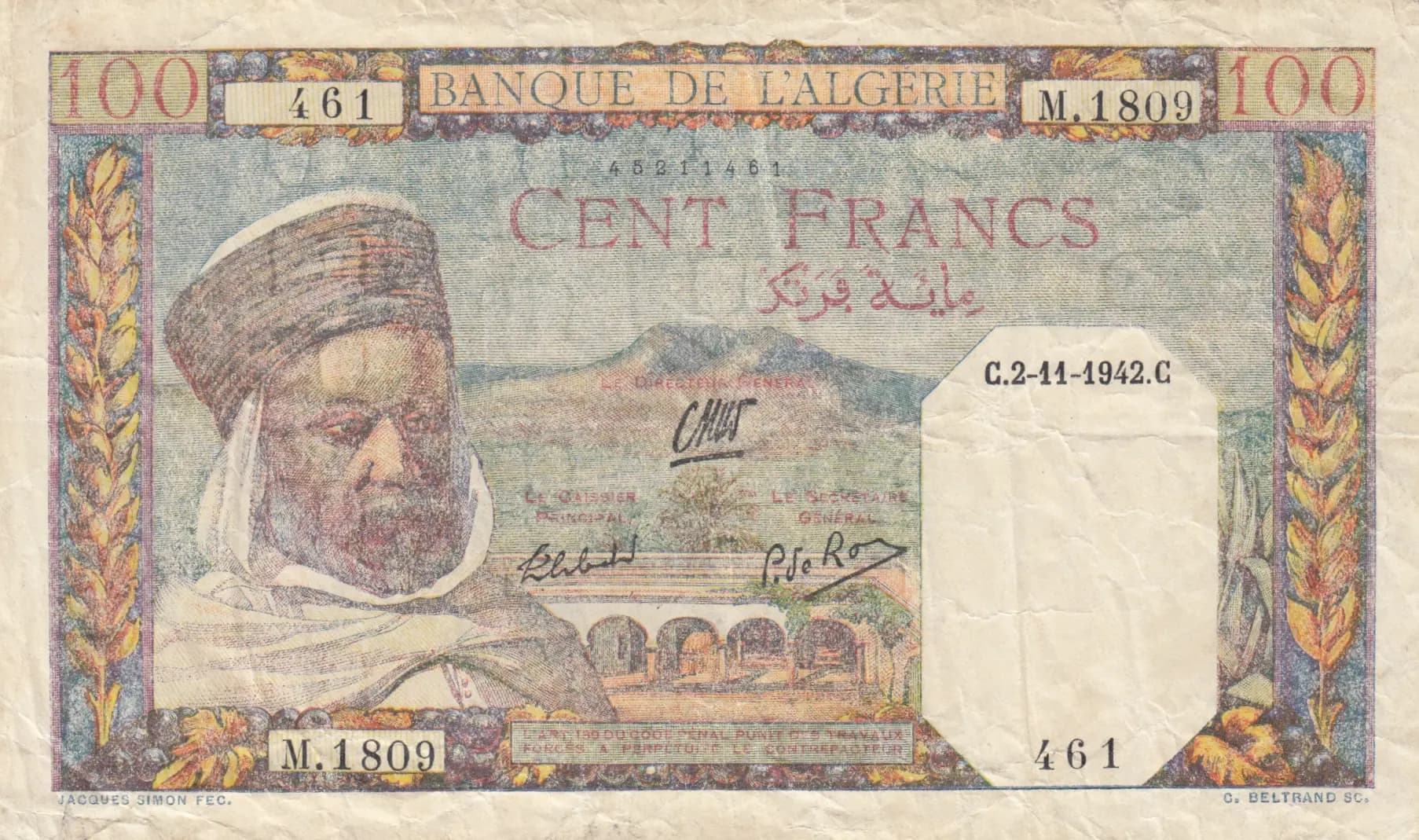 100 francs 1942 from Algeria, P-85