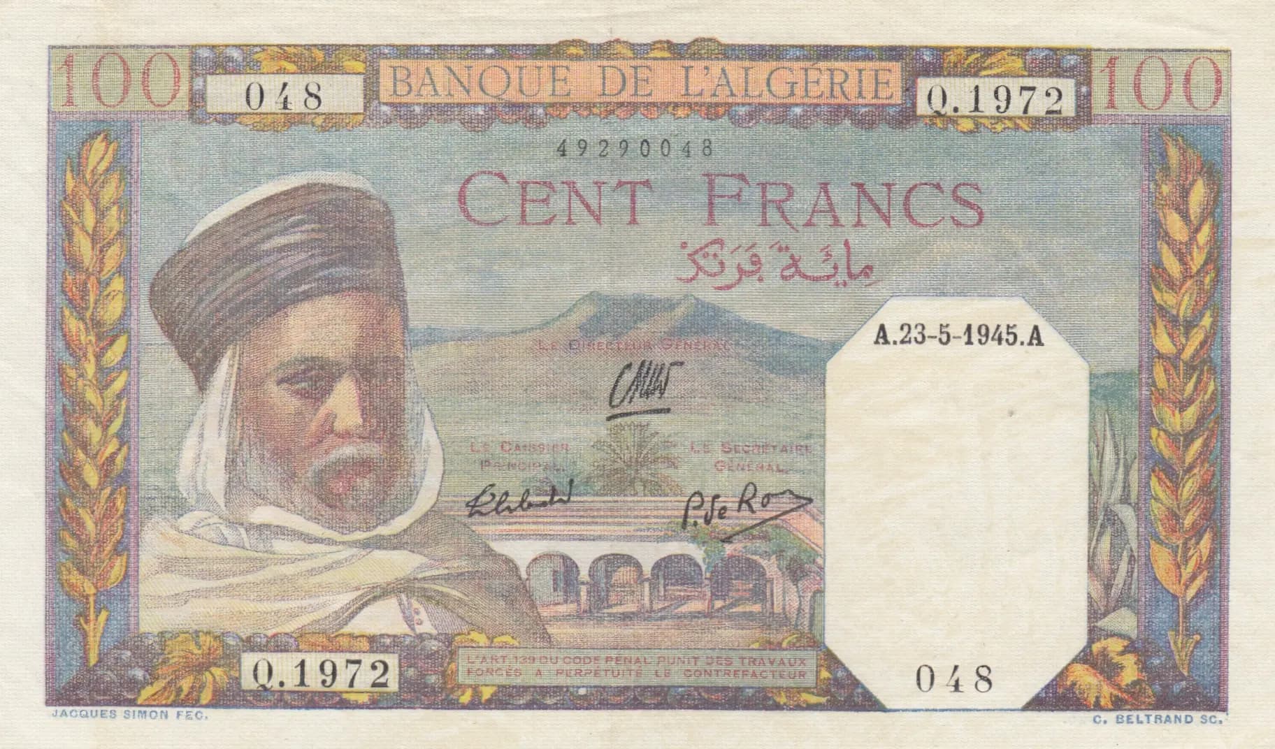 100 francs 1945 from Algeria, P-85