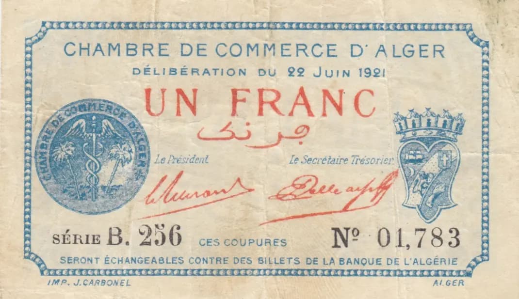 1 franc 1921 from Algeria, P-unlisted (1921) — image 1