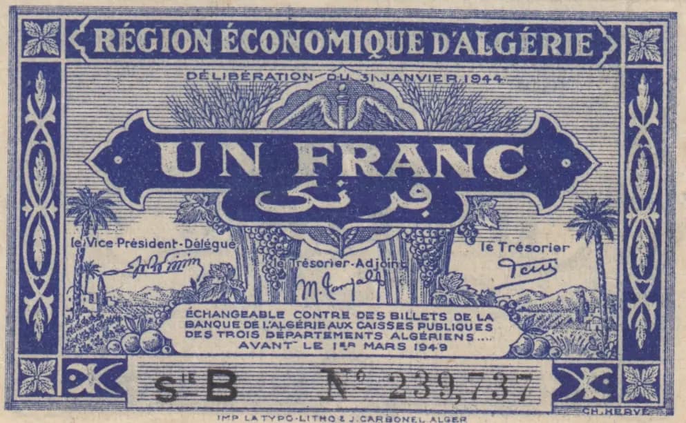 1 franc 1944 from Algeria, P-98a (1944) — image 1