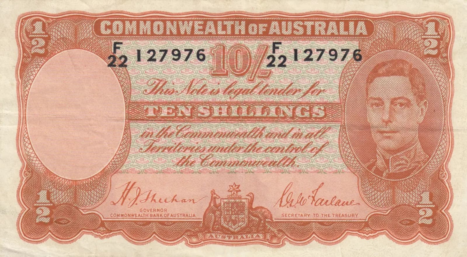 10 shillings= 1/2 pounds 1939 from Australia, P-25a