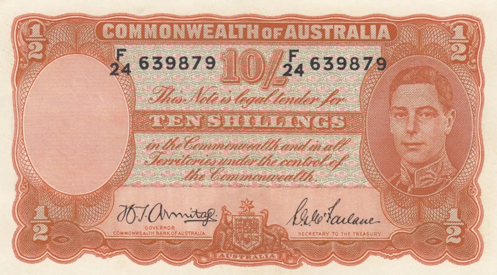 10 shillings= 1/2 pounds 1939 from Australia, P-25b