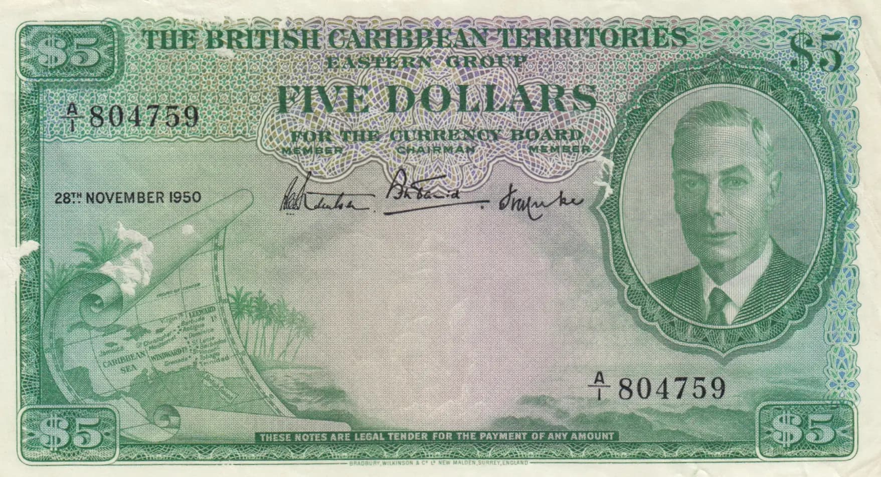 5 dollars 1950 from British Caribbean Territories, P-3