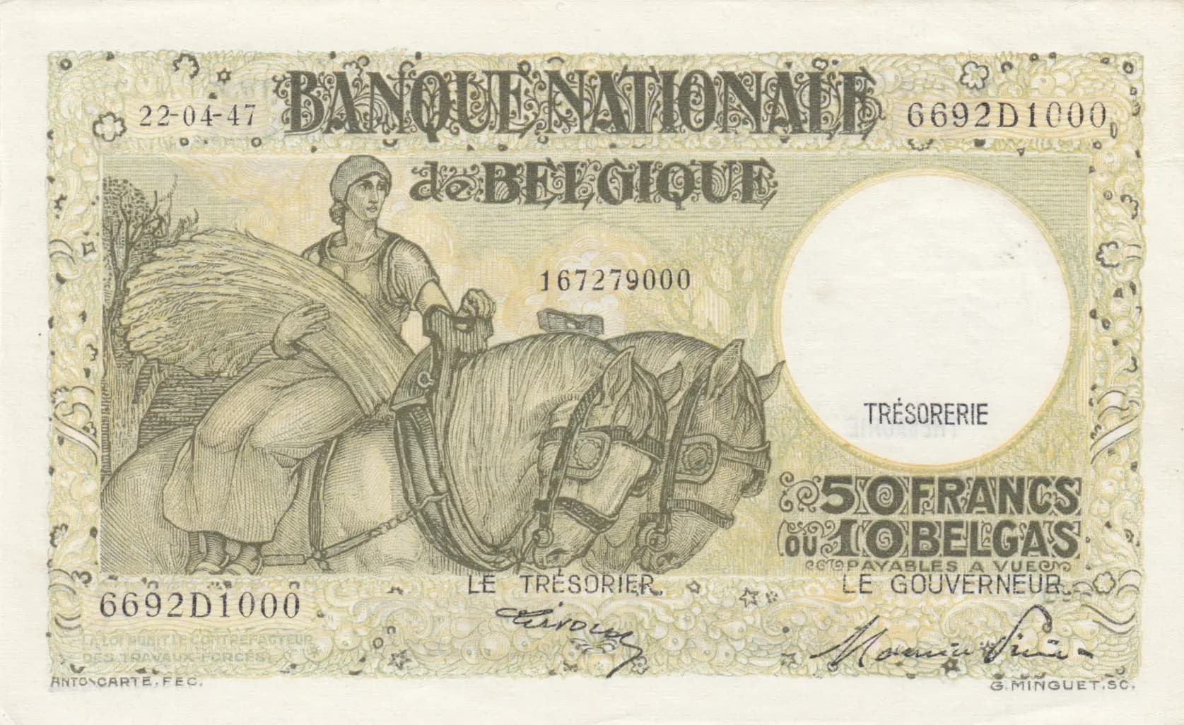 50 francs= 10 belgas 1947 from Belgium, P-106