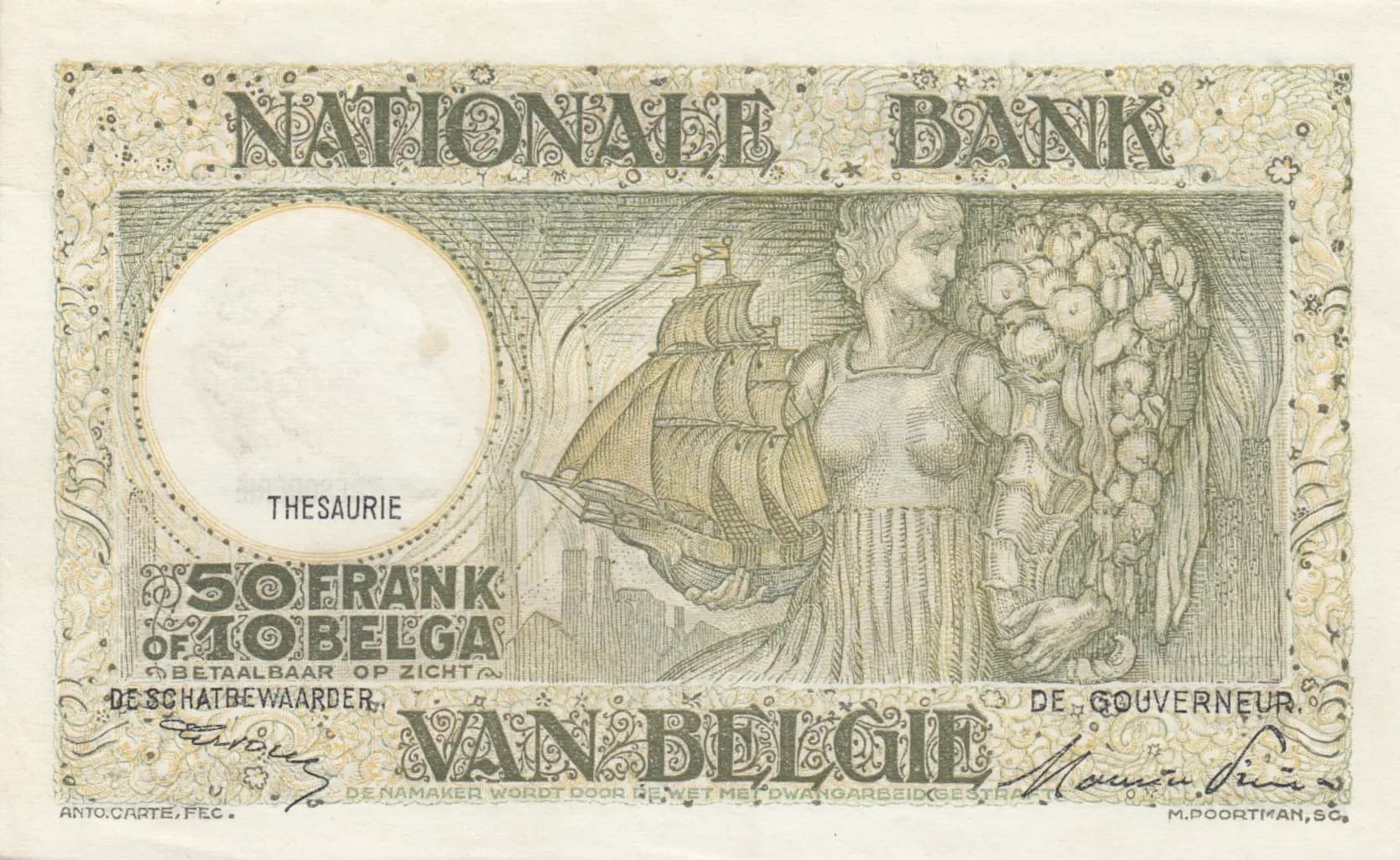 50 francs= 10 belgas 1947 from Belgium, P-106 (1947) — image 2