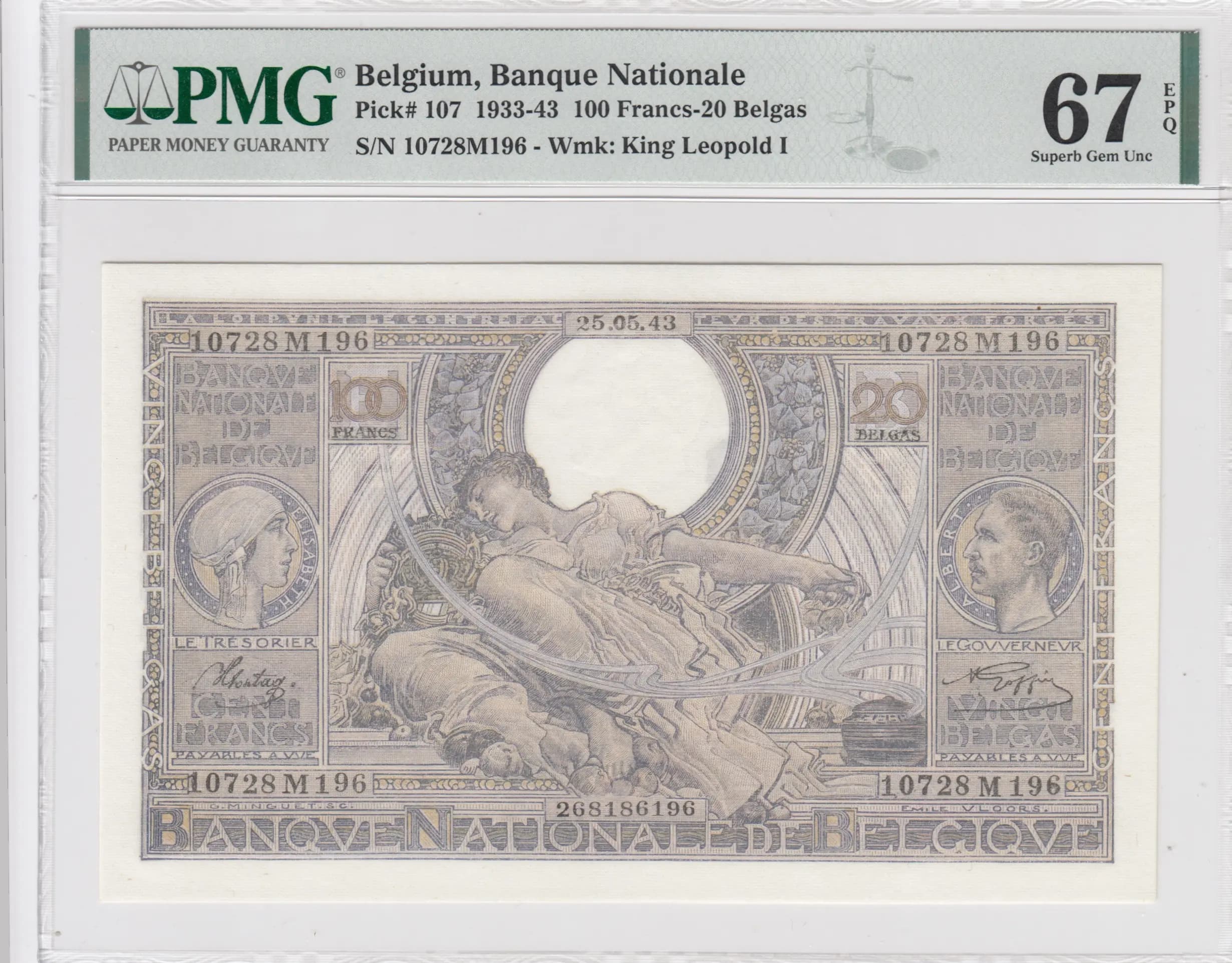 100 francs= 20 belgas 1943 from Belgium, P-107 (1943) — image 1