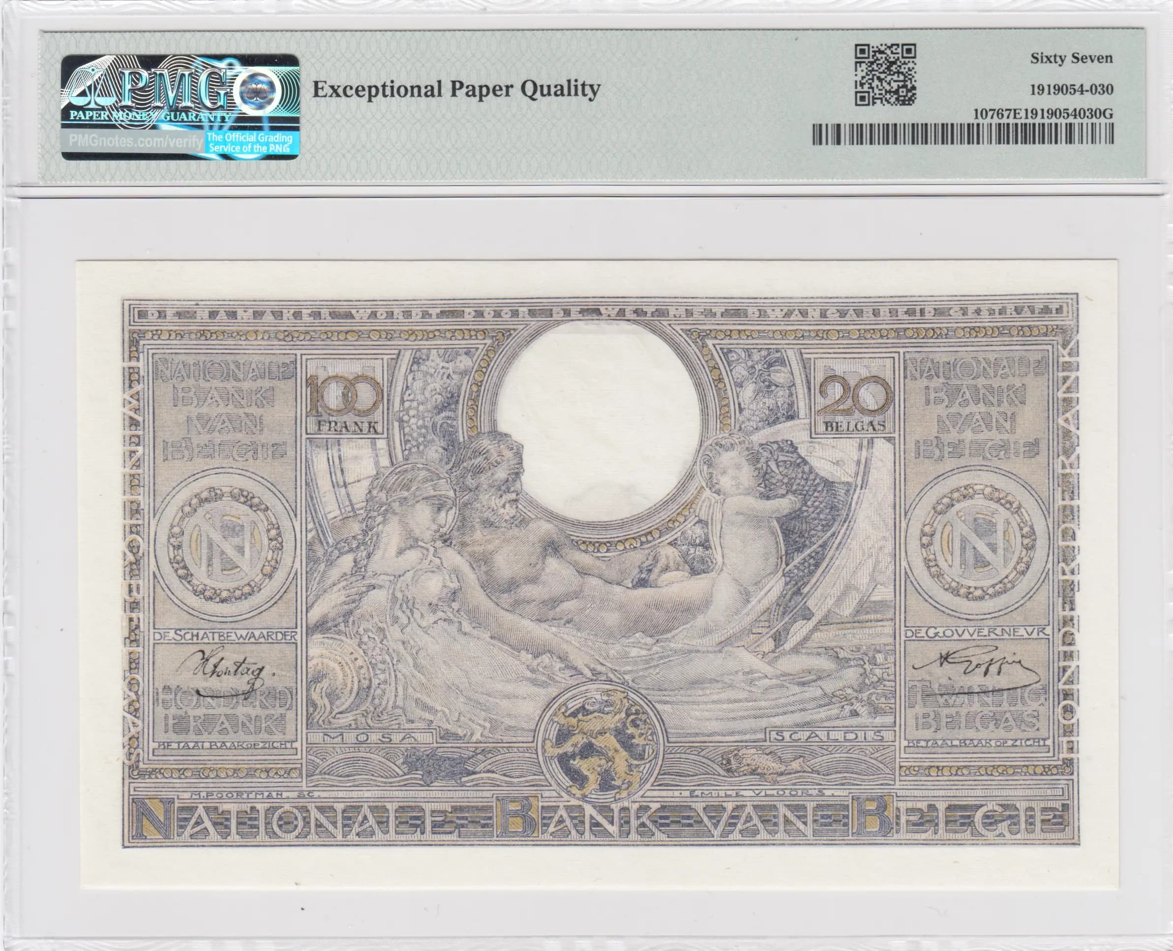 100 francs= 20 belgas 1943 from Belgium, P-107 (1943) — image 2