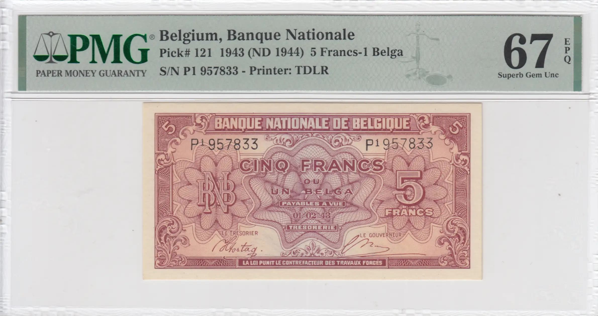5 francs 1943 from Belgium, P-121 (1943) — image 1