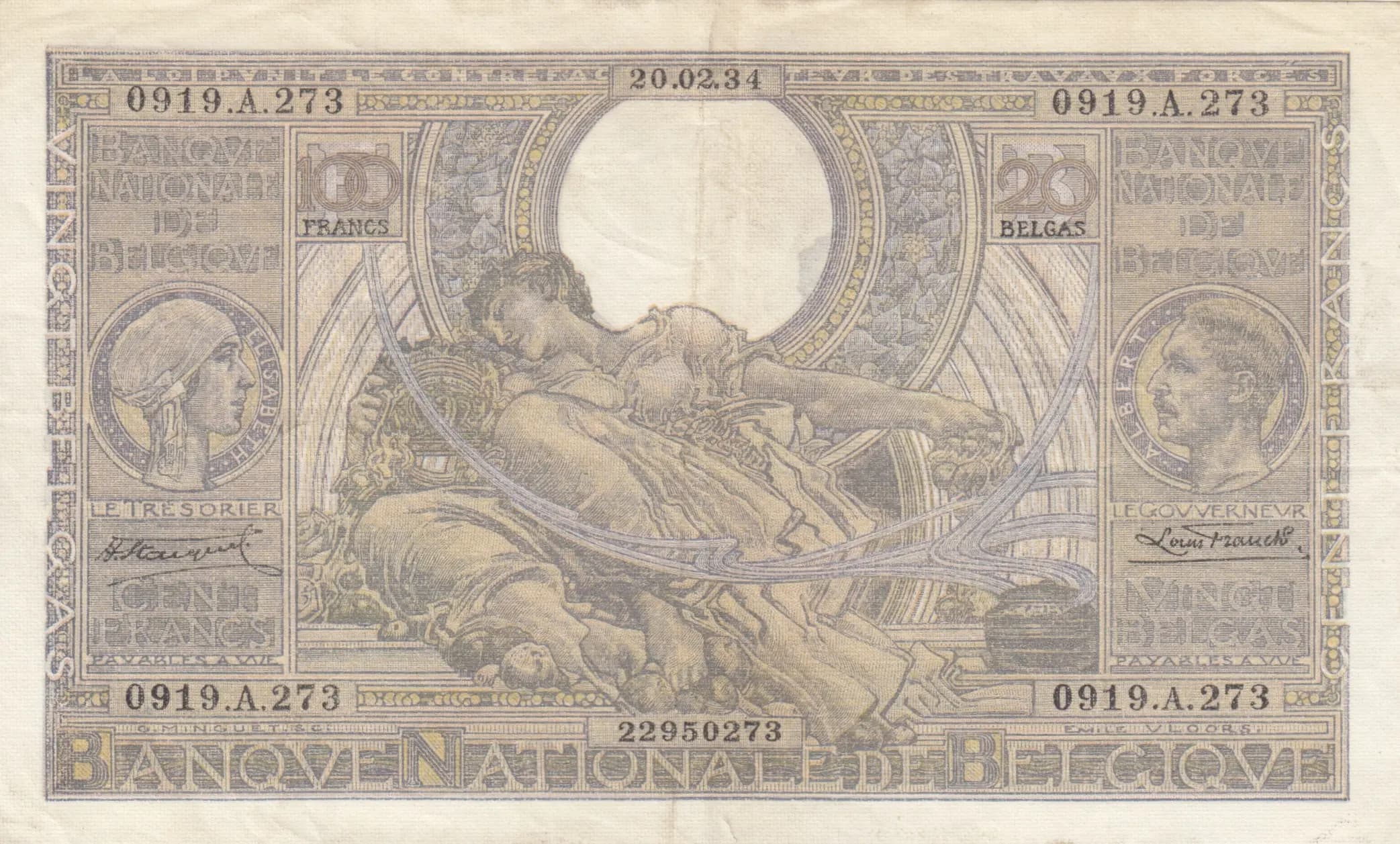 100 francs= 20 belgas 1934 from Belgium, P-107