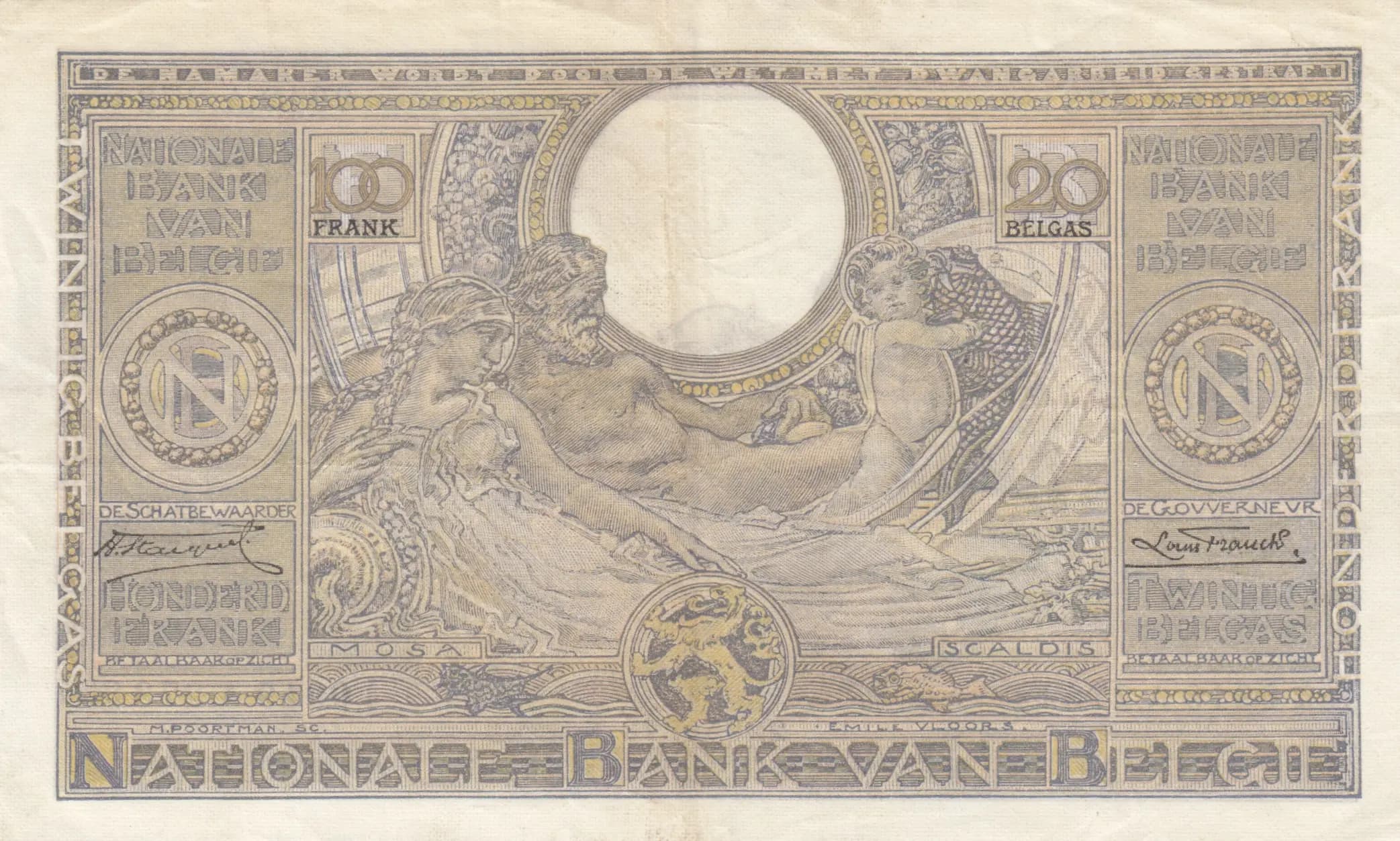 100 francs= 20 belgas 1934 from Belgium, P-107 (1934) — image 2