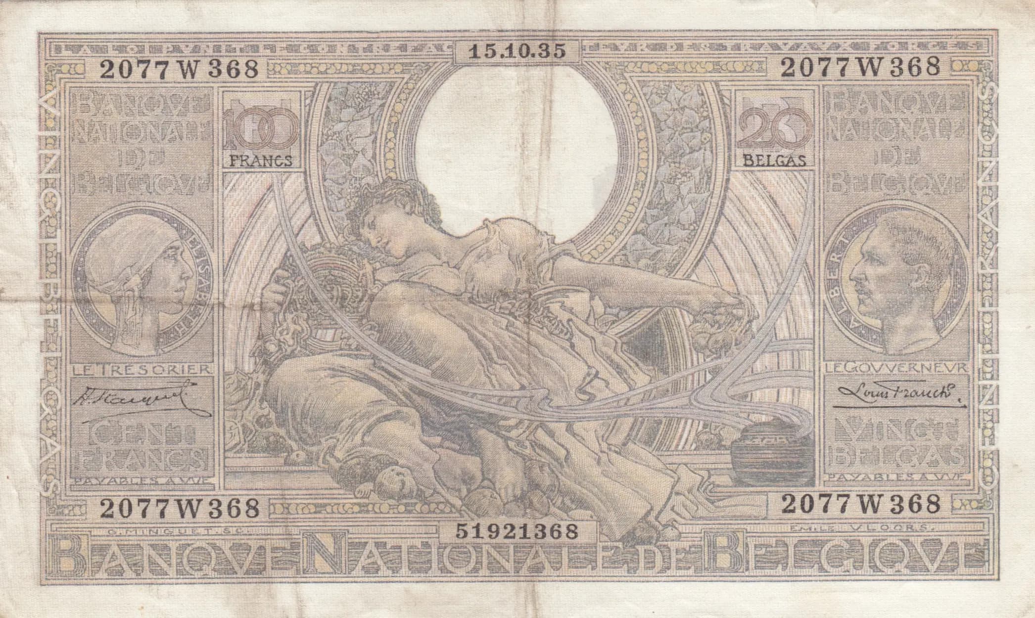 100 francs= 20 belgas 1935 from Belgium, P-107