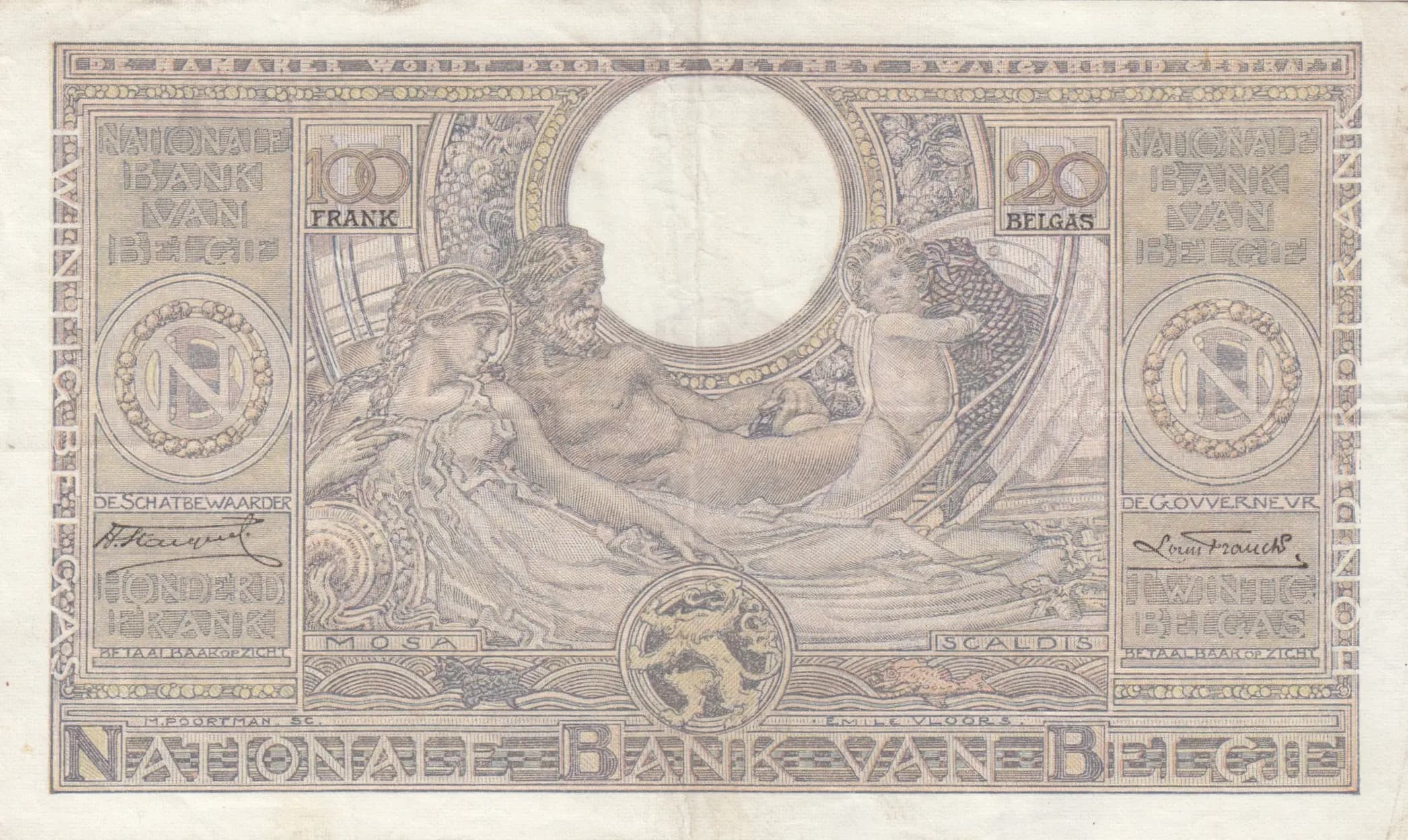 100 francs= 20 belgas 1935 from Belgium, P-107 (1935) — image 2