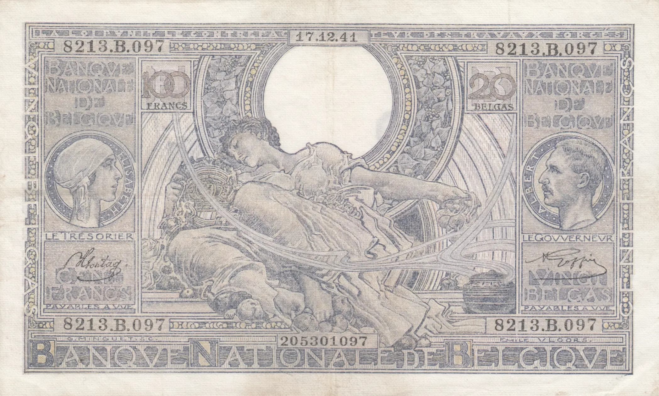 100 francs= 20 belgas 1941 from Belgium, P-107