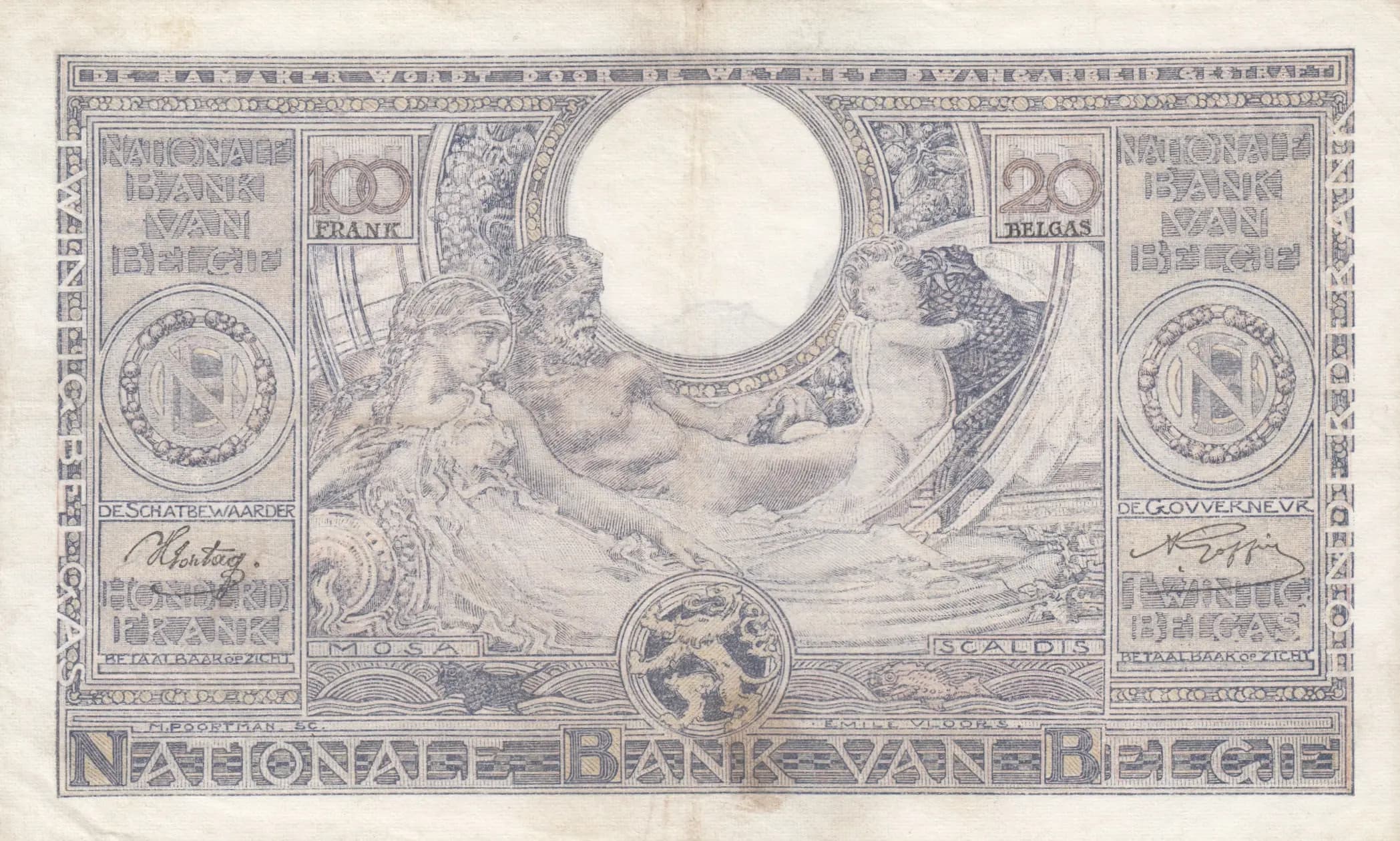 100 francs= 20 belgas 1941 from Belgium, P-107 (1941) — image 2