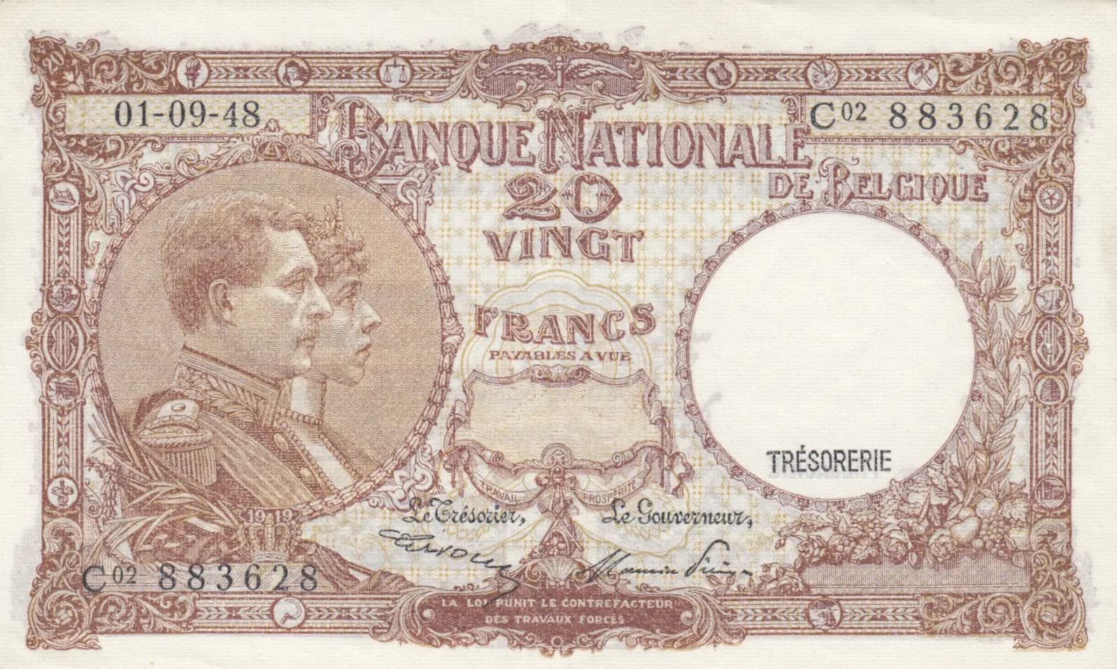 20 francs 1948 from Belgium, P-116 (1948) — image 1