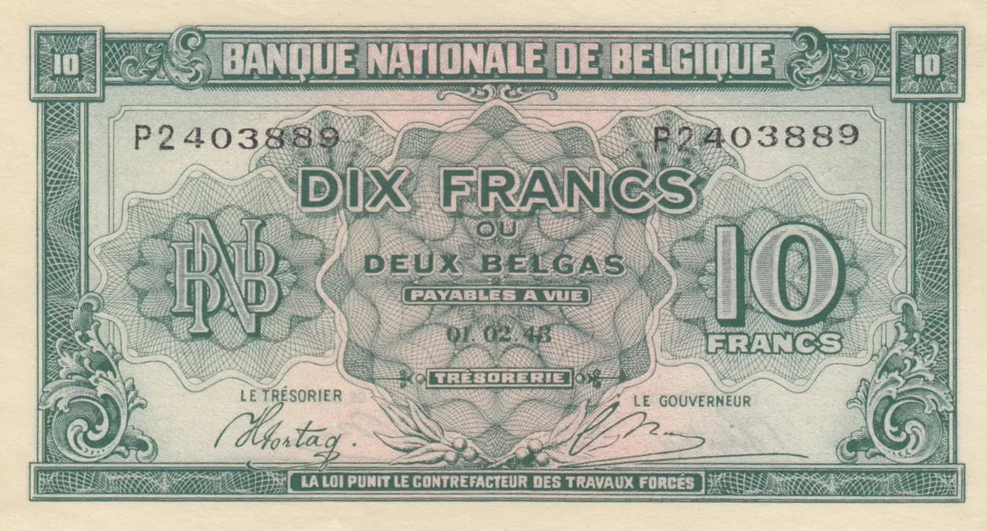 10 francs 1943 from Belgium, P-122 (1943) — image 1