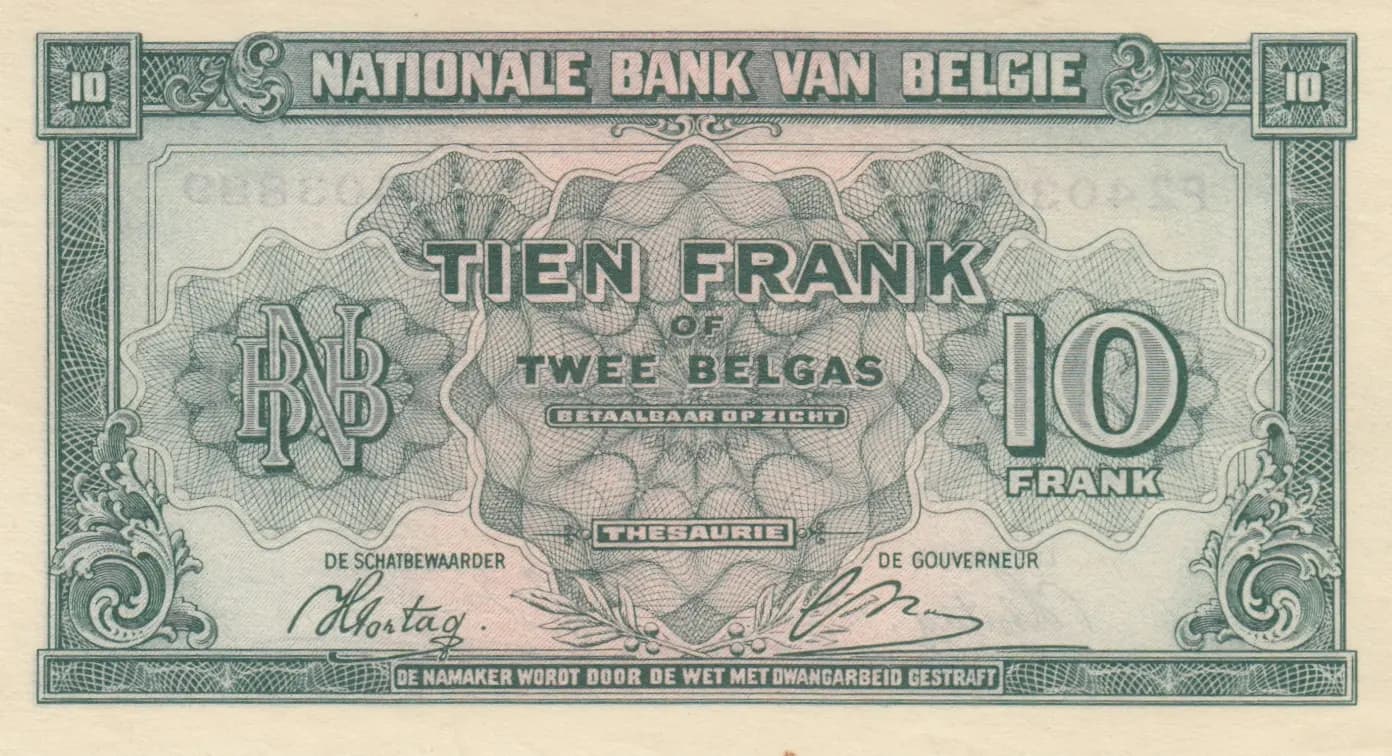 10 francs 1943 from Belgium, P-122 (1943) — image 2