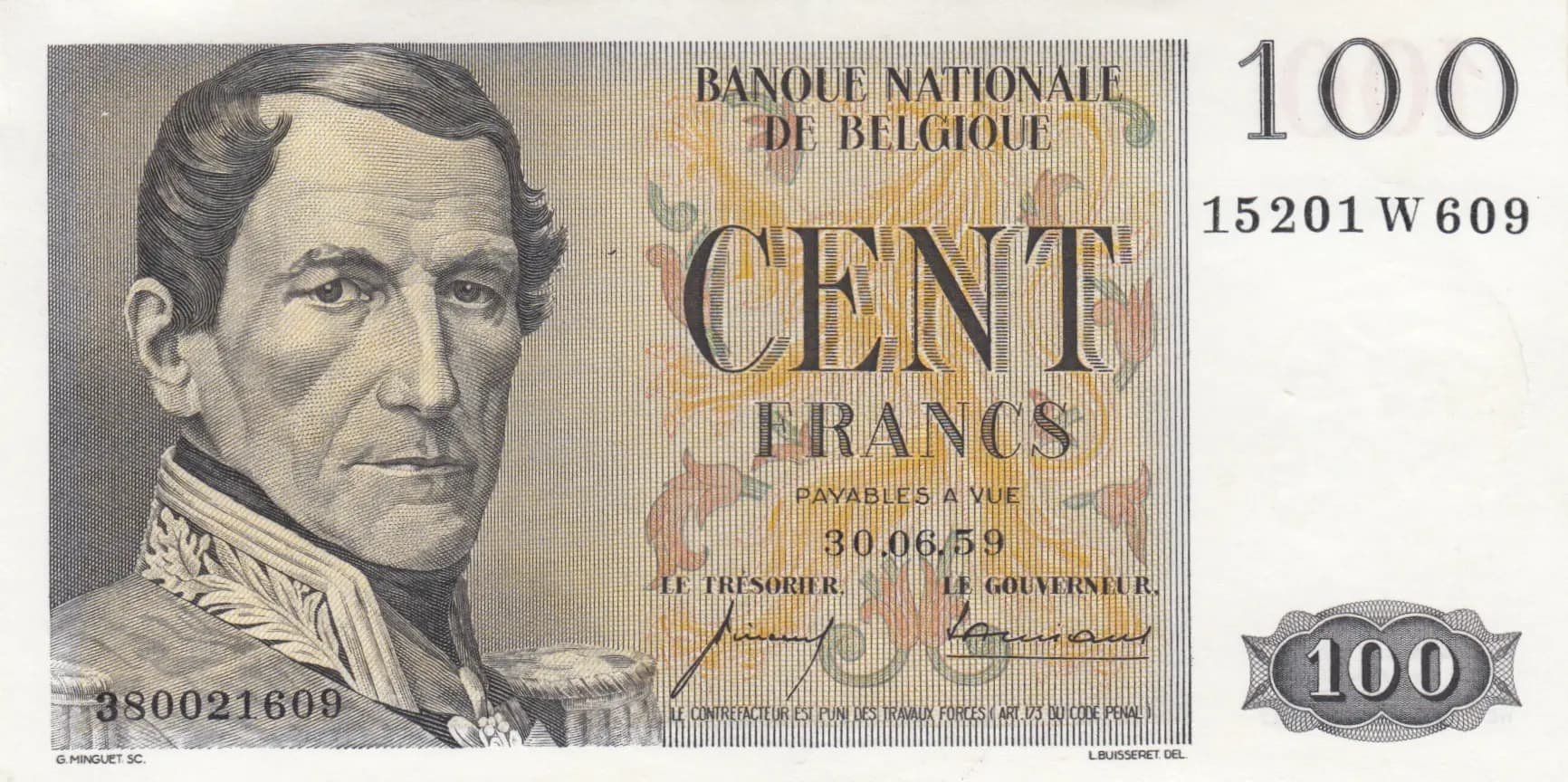 100 francs 1959 from Belgium, P-129c (1959) — image 1
