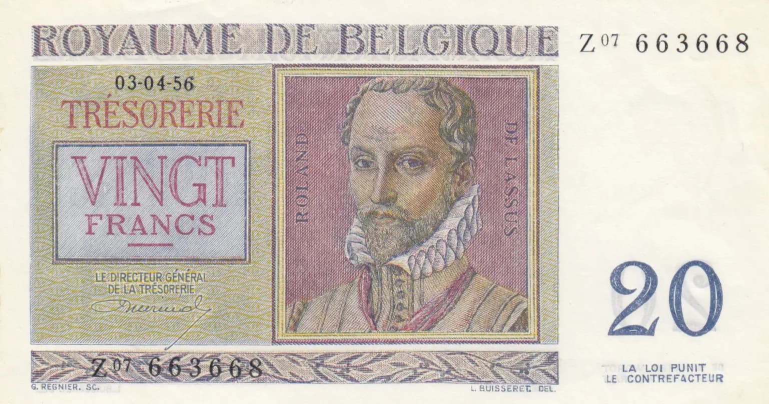 20 francs 1956 from Belgium, P-132b (1956) — image 1