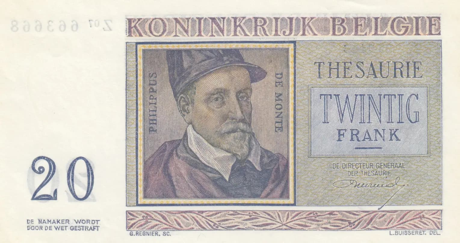 20 francs 1956 from Belgium, P-132b (1956) — image 2