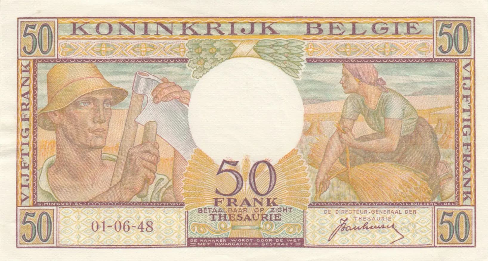 50 francs 1948 from Belgium, P-133a (1948) — image 2