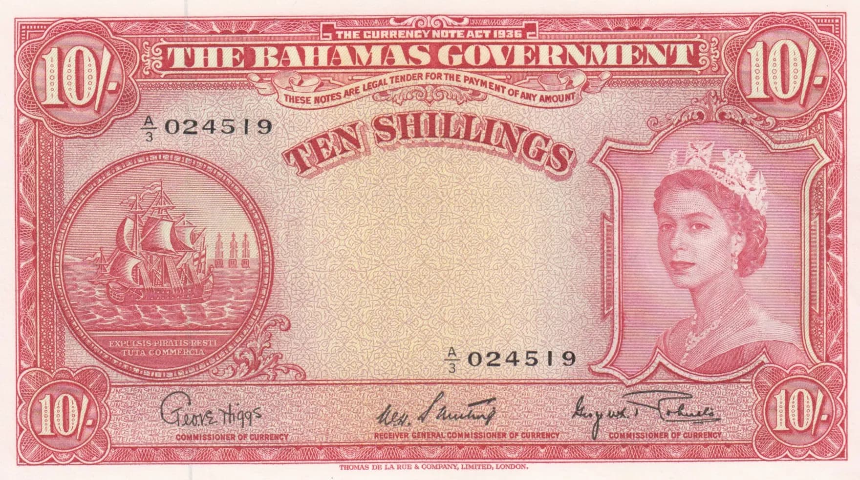 10 shillings 1953 from Bahamas, P-14d (1953) — image 1