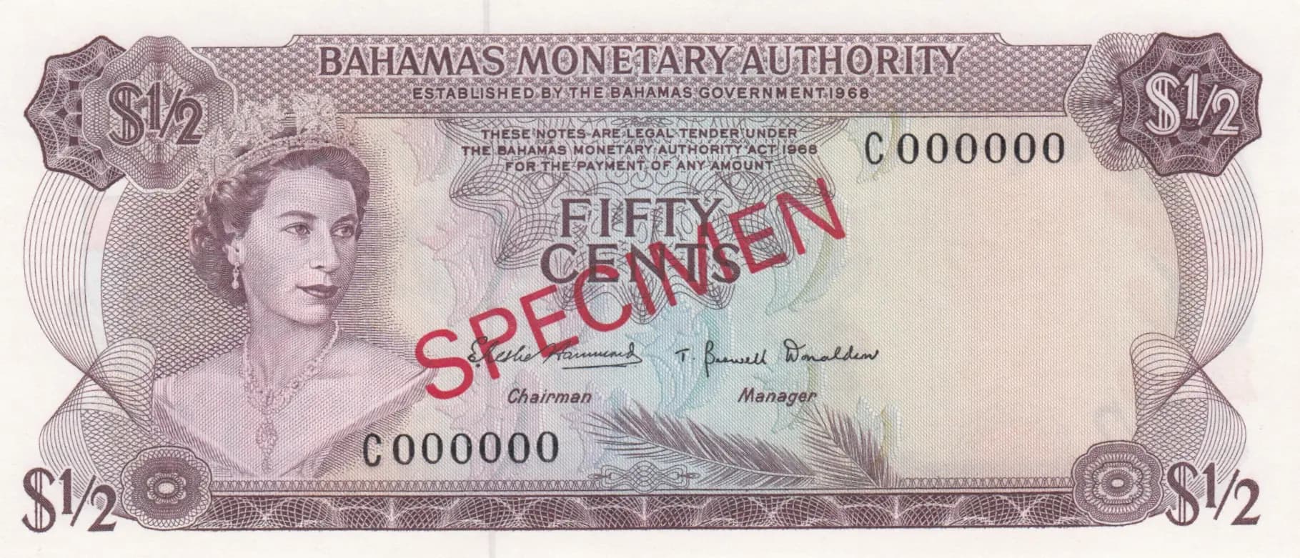 50 cents 1968 specimen from Bahamas, P-26s