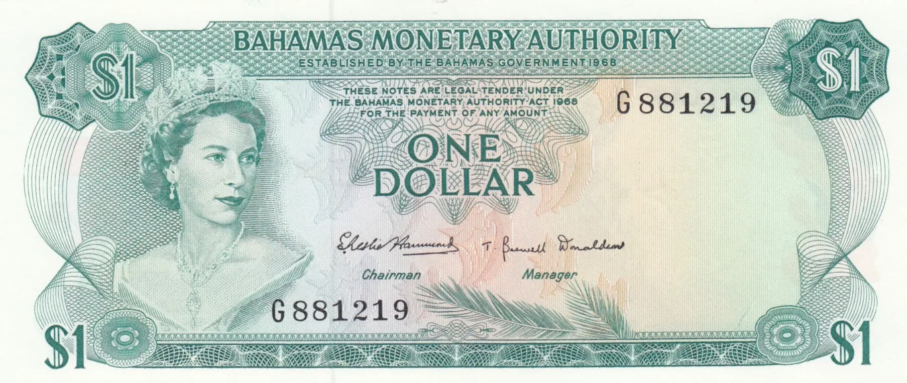 1 dollar 1968 from Bahamas, P-27