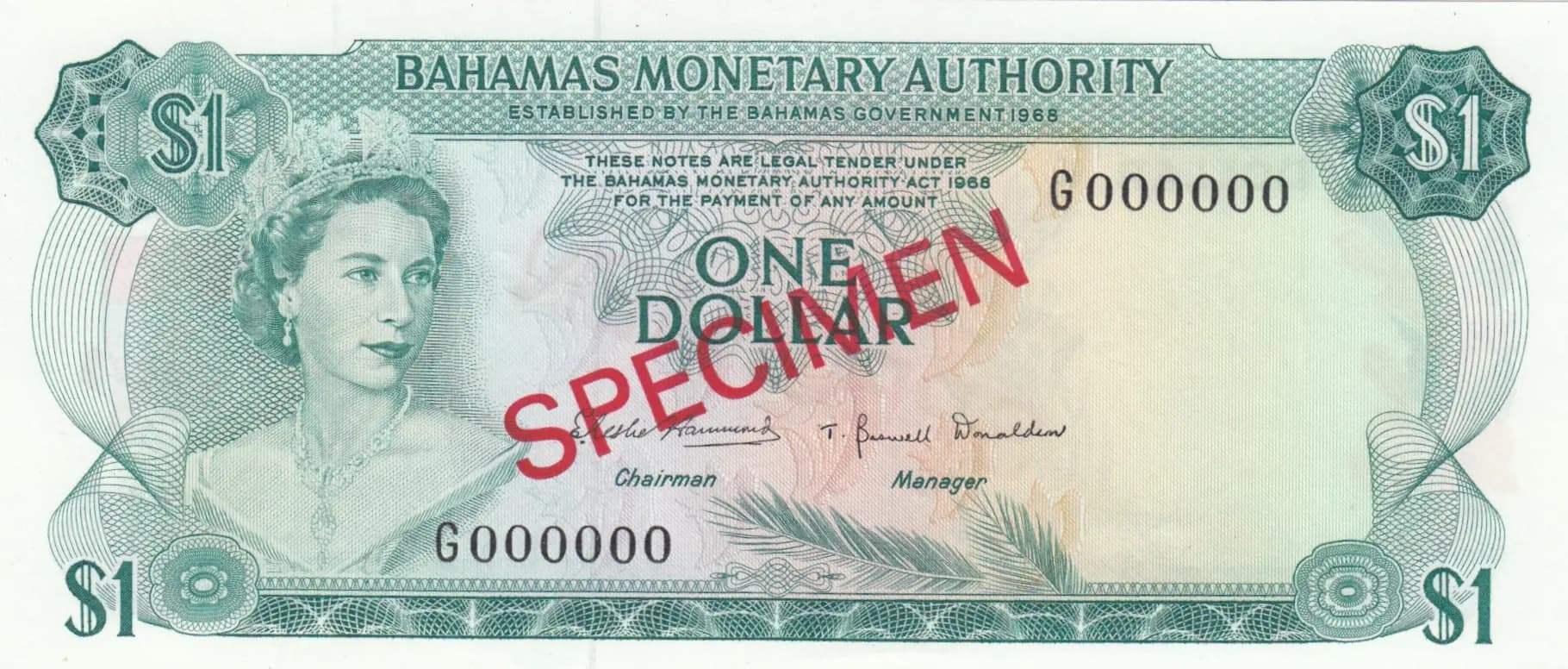 1 dollar 1968 specimen from Bahamas, P-27s (1968) — image 1