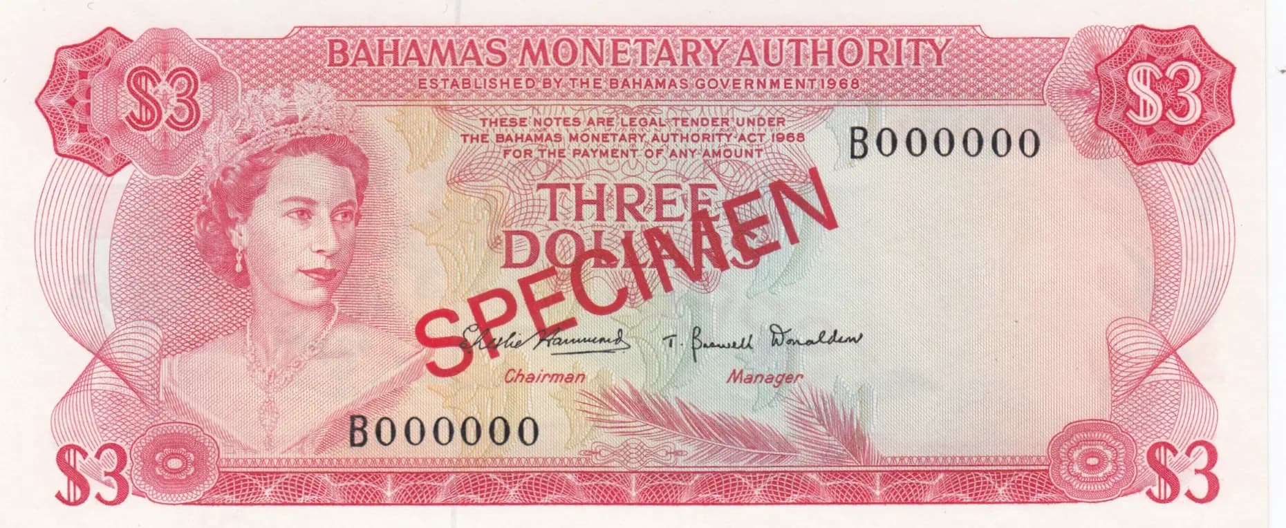 3 dollars 1968 specimen from Bahamas, P-28s (1968) — image 1