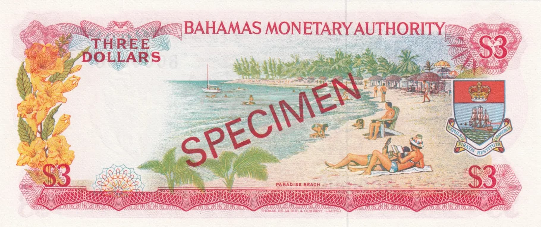 3 dollars 1968 specimen from Bahamas, P-28s (1968) — image 2
