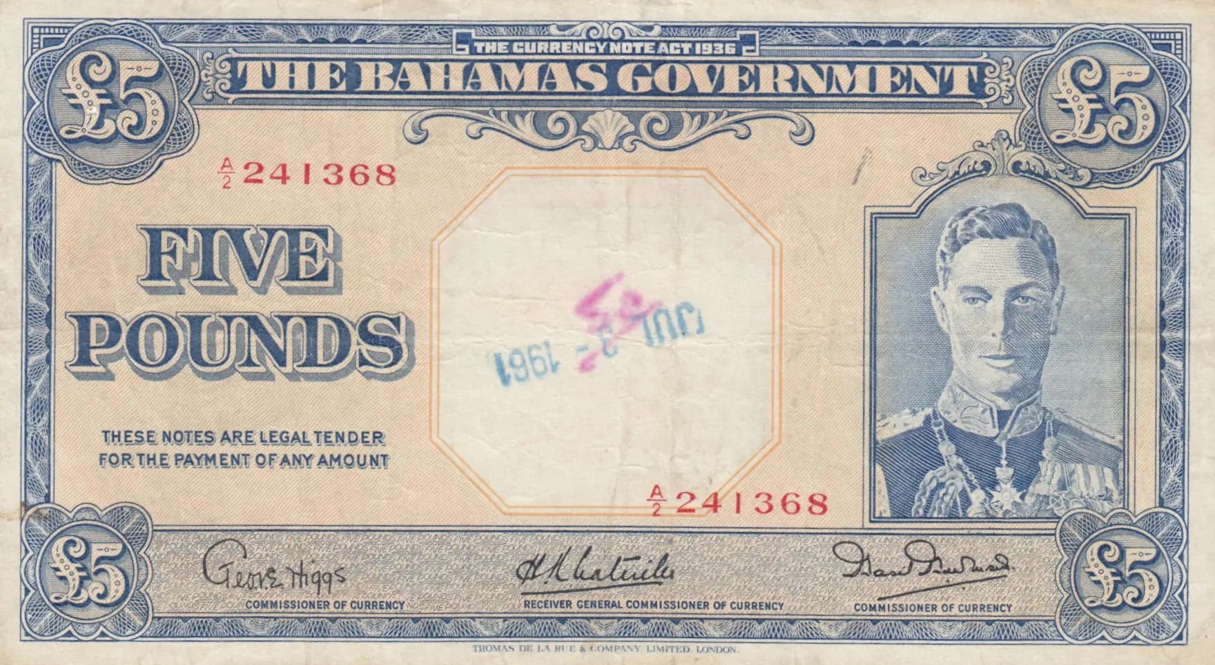 5 pounds 1938 from Bahamas, P-12b (1938) — image 1