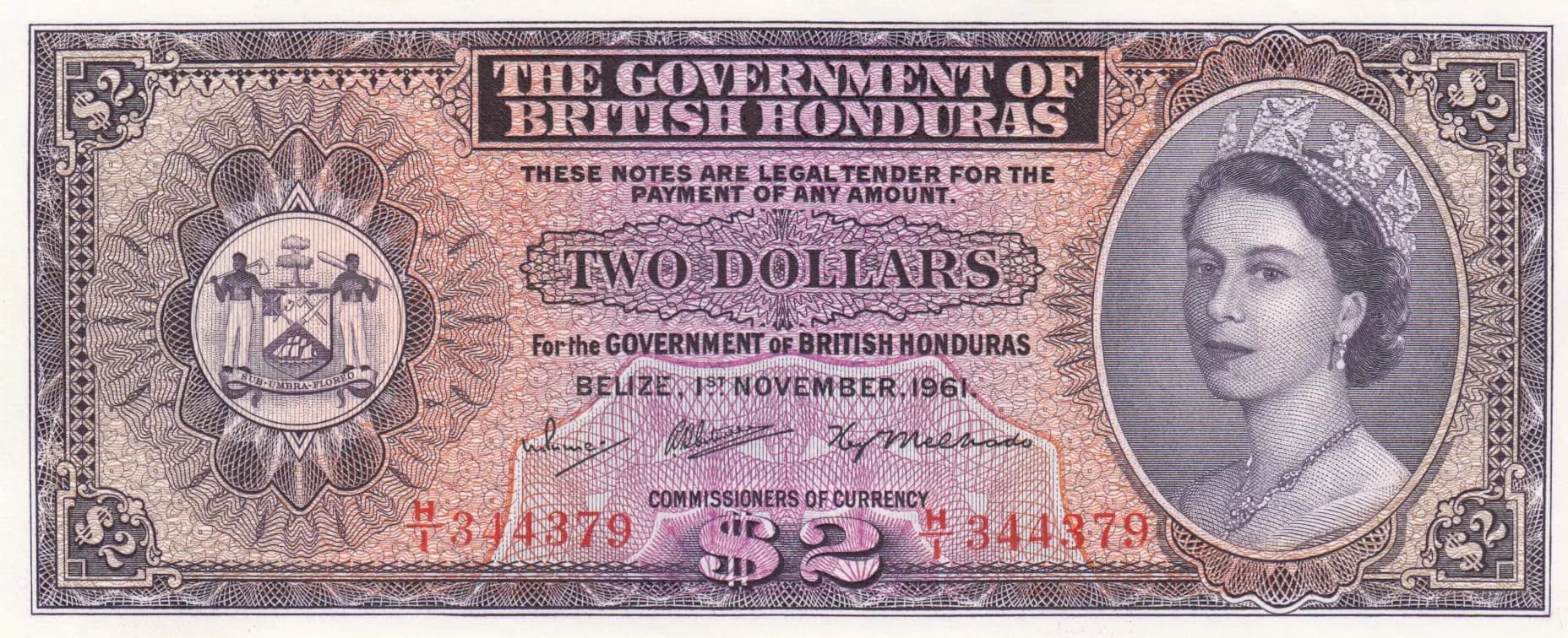 2 dollars 1961 from British Honduras, P-29b
