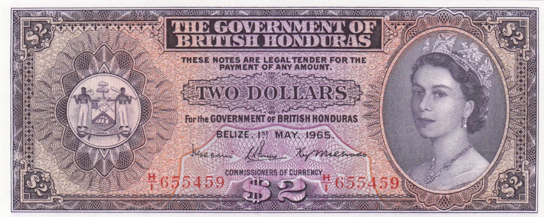 2 dollars 1965 from British Honduras, P-29b (1965) — image 1