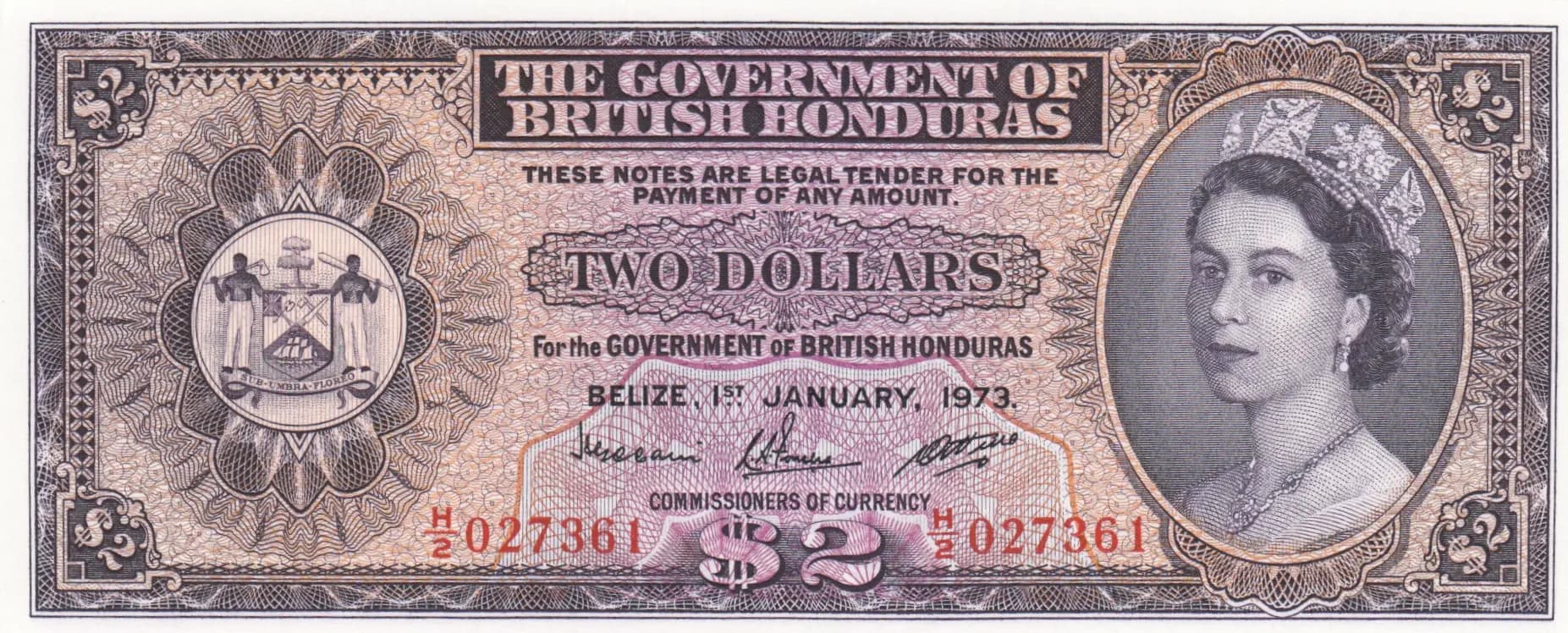 2 dollars 1973 from British Honduras, P-29c