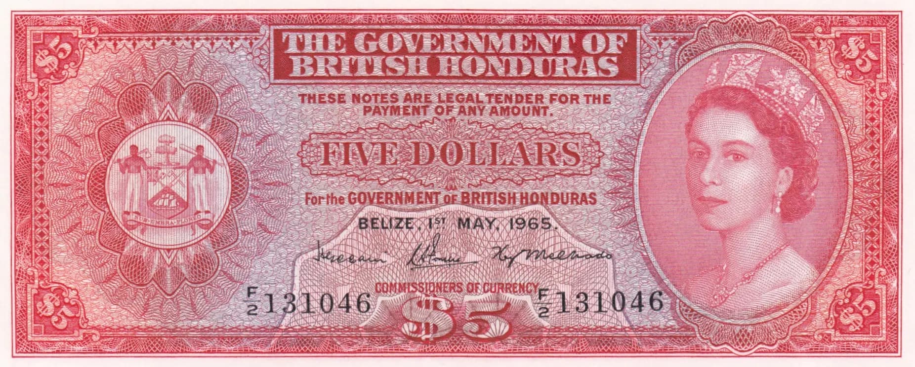 5 dollars 1965 from British Honduras, P-30b