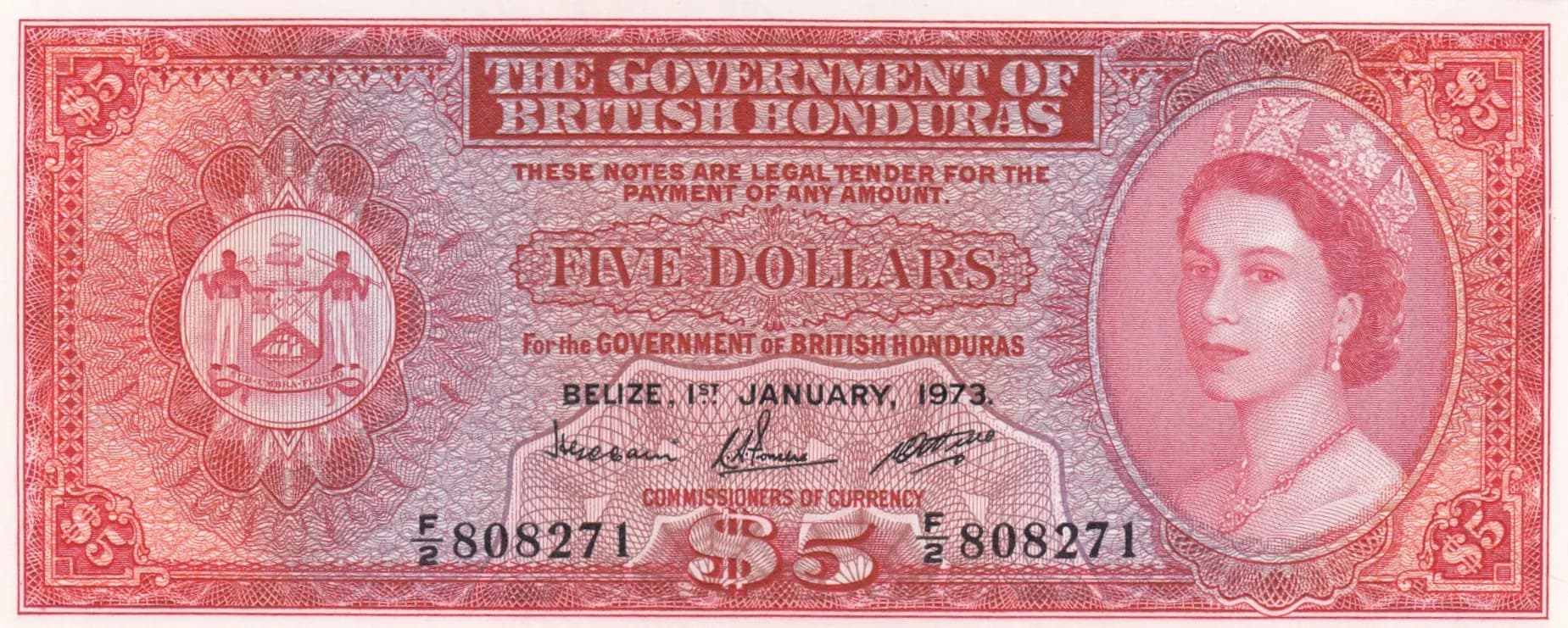 5 dollars 1973 from British Honduras, P-30c (1973) — image 1