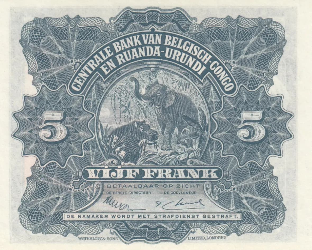 5 francs 1952 from Belgian Congo, P-13B (1952) — image 2