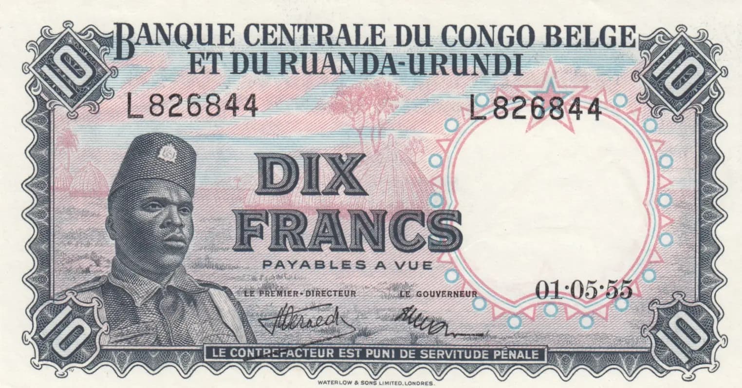 10 francs 1955 from Belgian Congo, P-30a