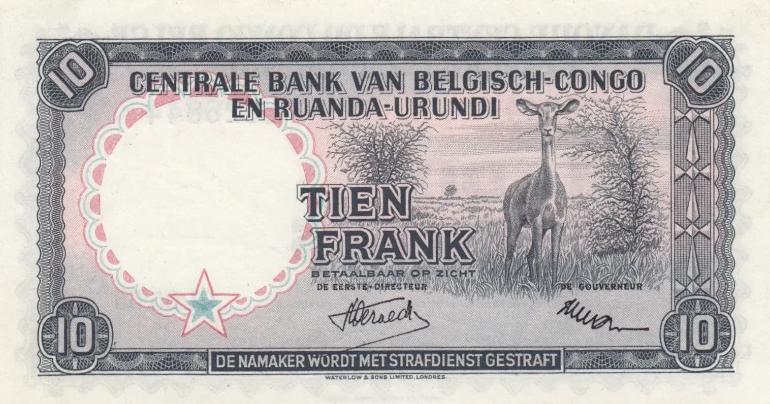10 francs 1955 from Belgian Congo, P-30a (1955) — image 2