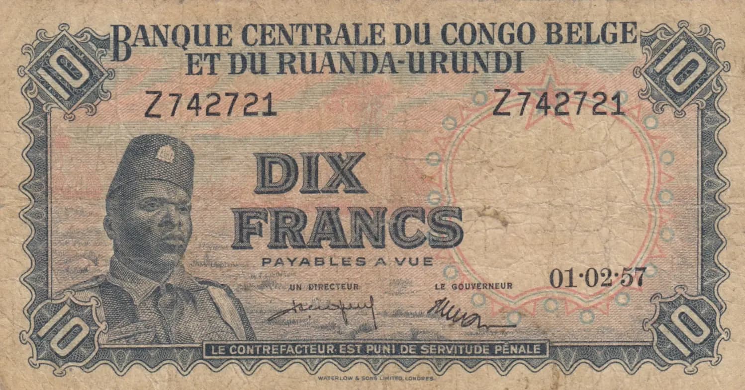 10 francs 1957 from Belgian Congo, P-30b