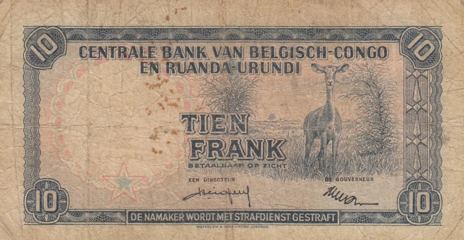 10 francs 1957 from Belgian Congo, P-30b (1957) — image 2