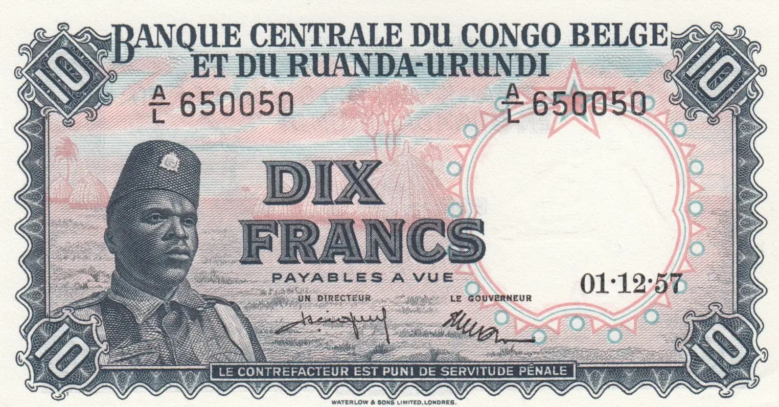 10 francs 1957 from Belgian Congo, P-30b