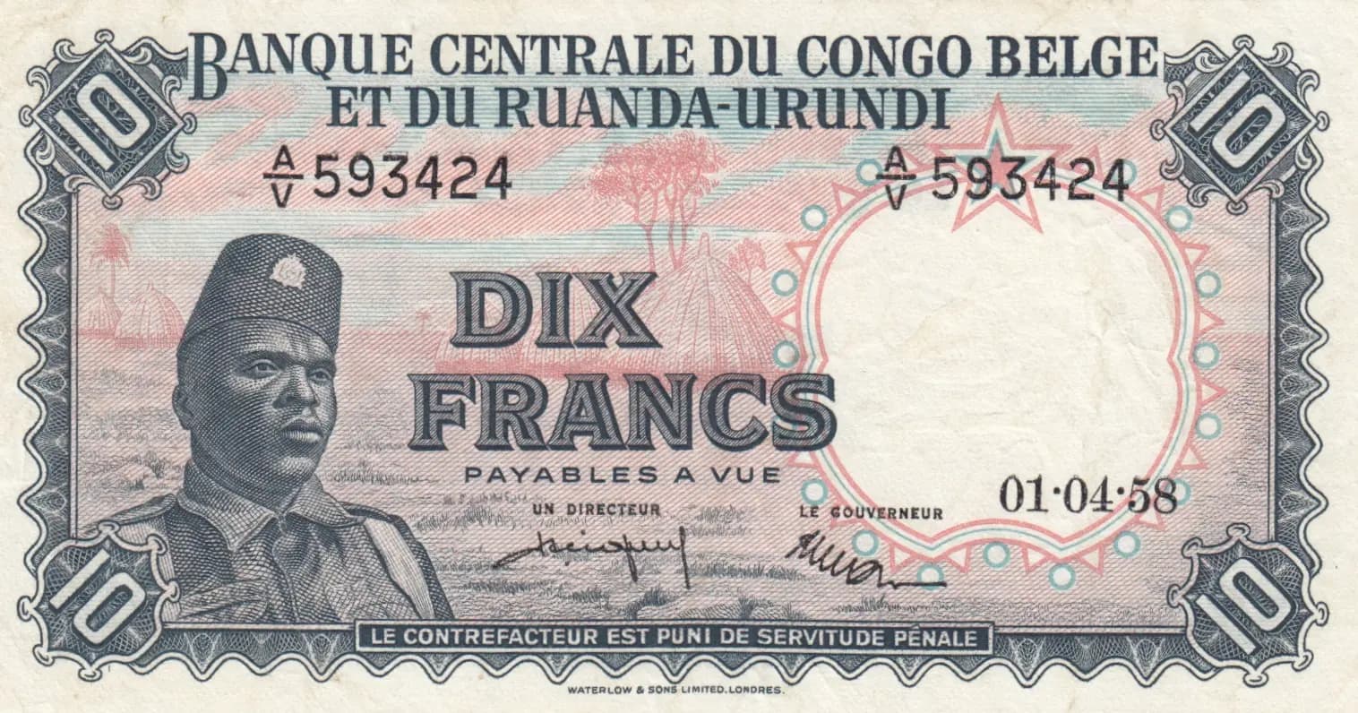10 francs 1958 from Belgian Congo, P-30b (1958) — image 1