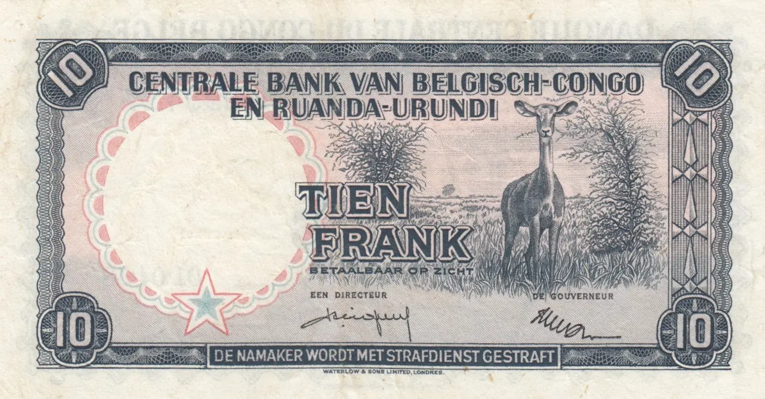 10 francs 1958 from Belgian Congo, P-30b (1958) — image 2