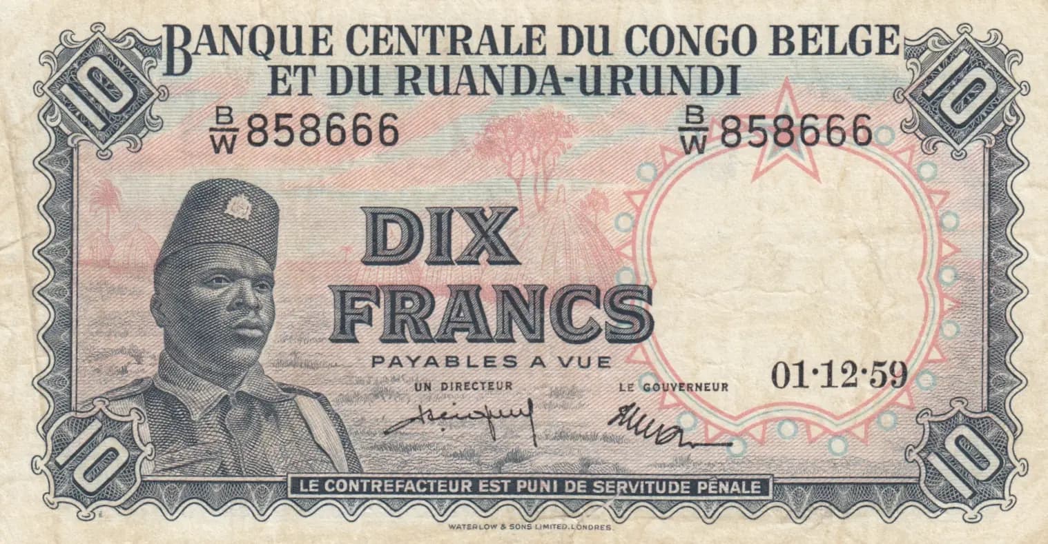 10 francs 1959 from Belgian Congo, P-30b (1959) — image 1