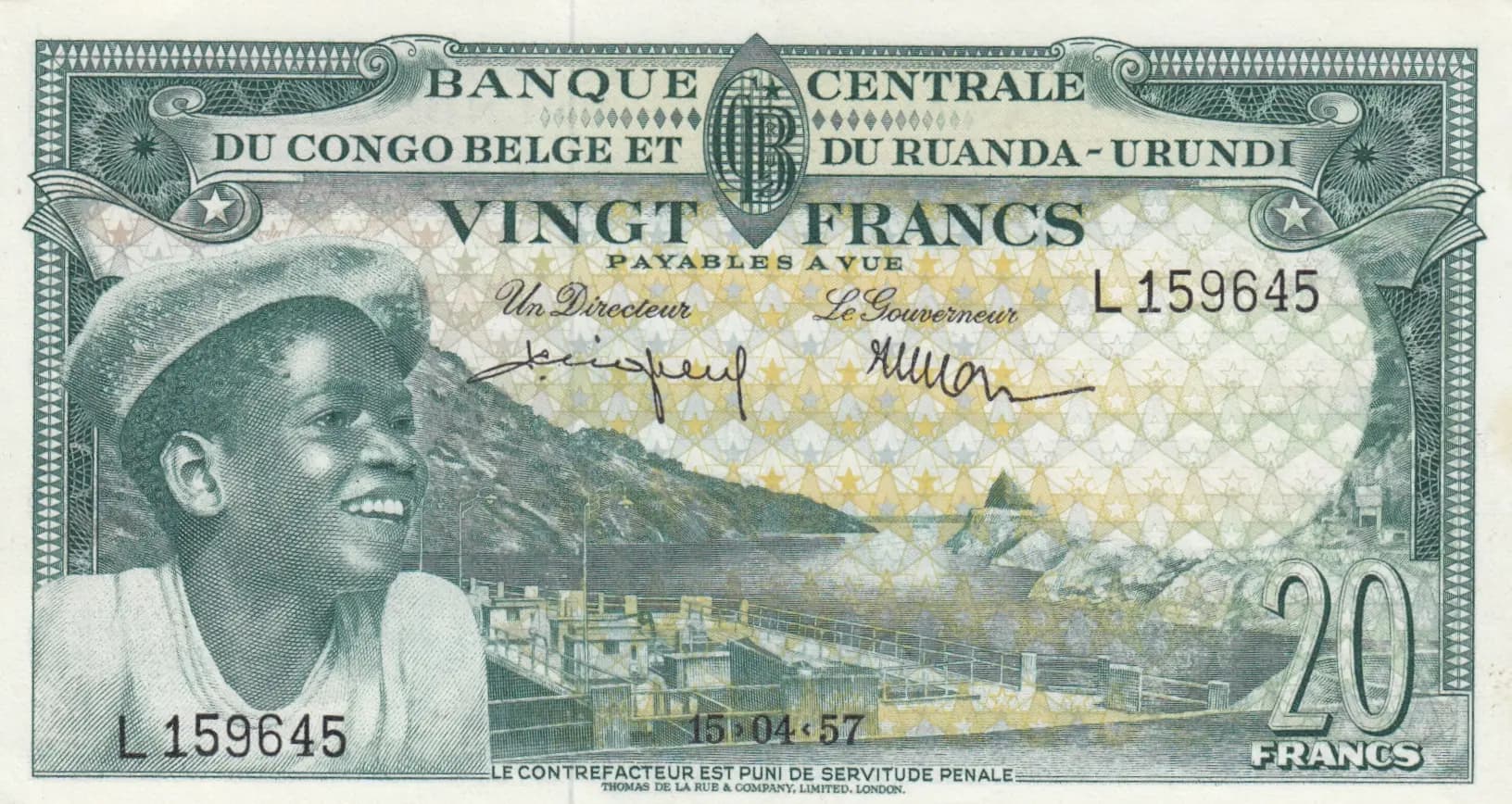 20 francs 1957 from Belgian Congo, P-31
