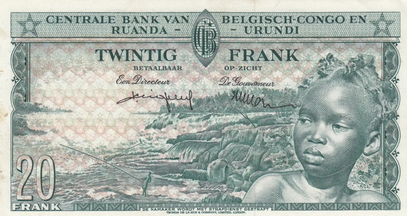 20 francs 1957 from Belgian Congo, P-31 (1957) — image 2
