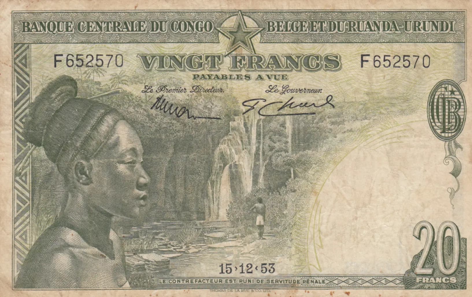 20 francs 1953 from Belgian Congo, P-26